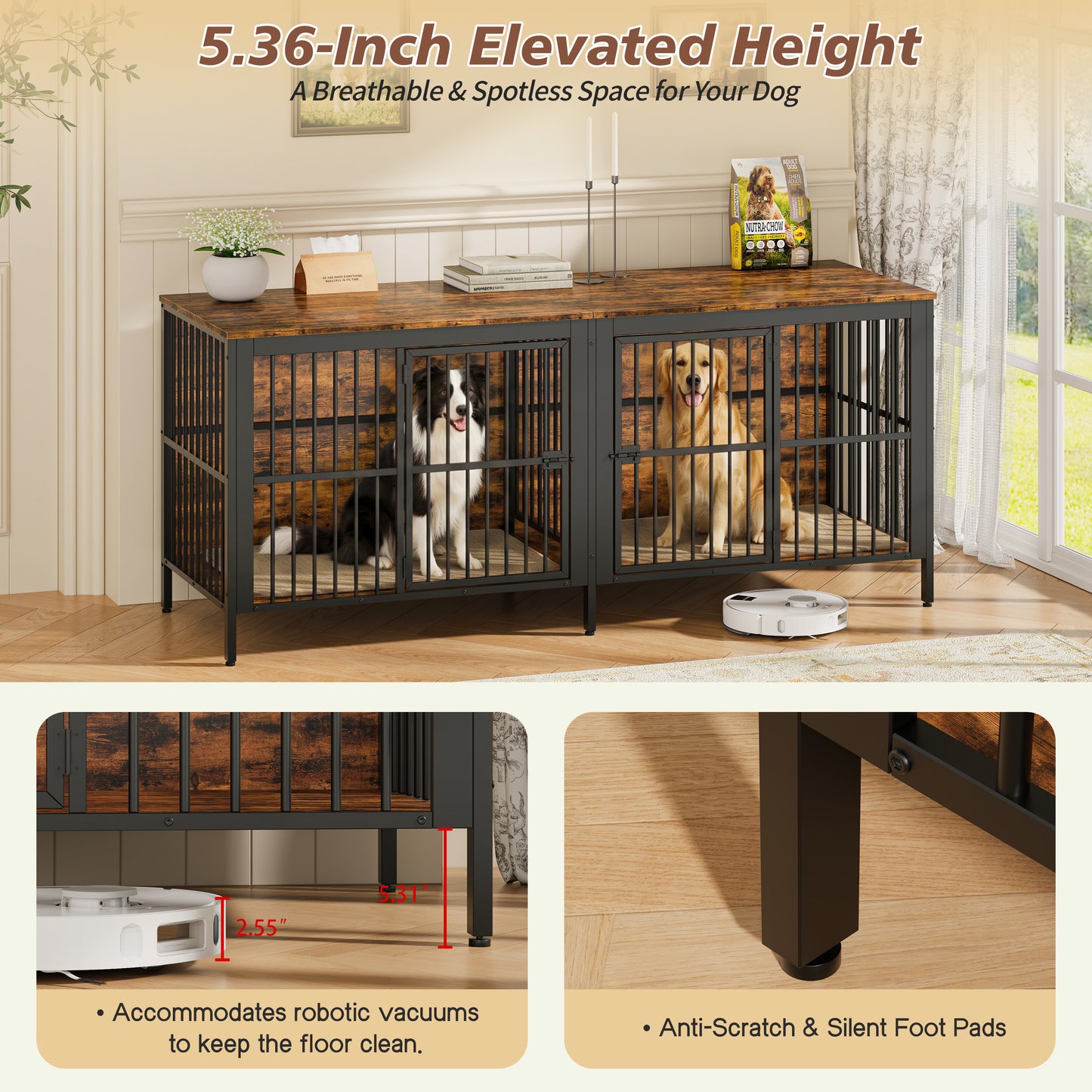 80 Dog Crate End Table, Heavy Duty 2-Door Indoor Pet Kennel, Multipurpose Dog House Furniture As TV Stand Or Side Table For Living Room, Large & Medium Dogs. Rustic Brown