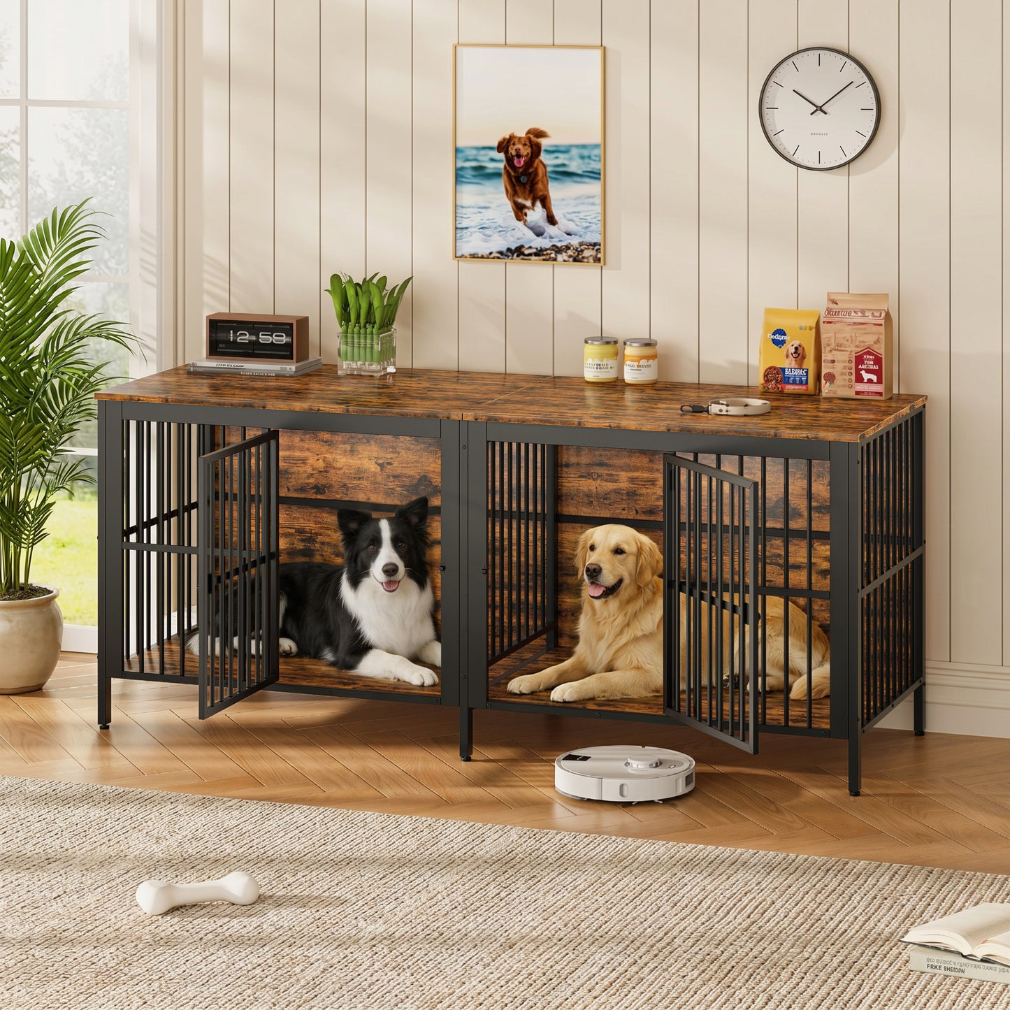 80  Dog Crate End Table, Heavy Duty 2-Door Indoor Pet Kennel, Multipurpose Dog House Furniture As TV Stand Or Side Table For Living Room, Large & Medium Dogs. Rustic Brown