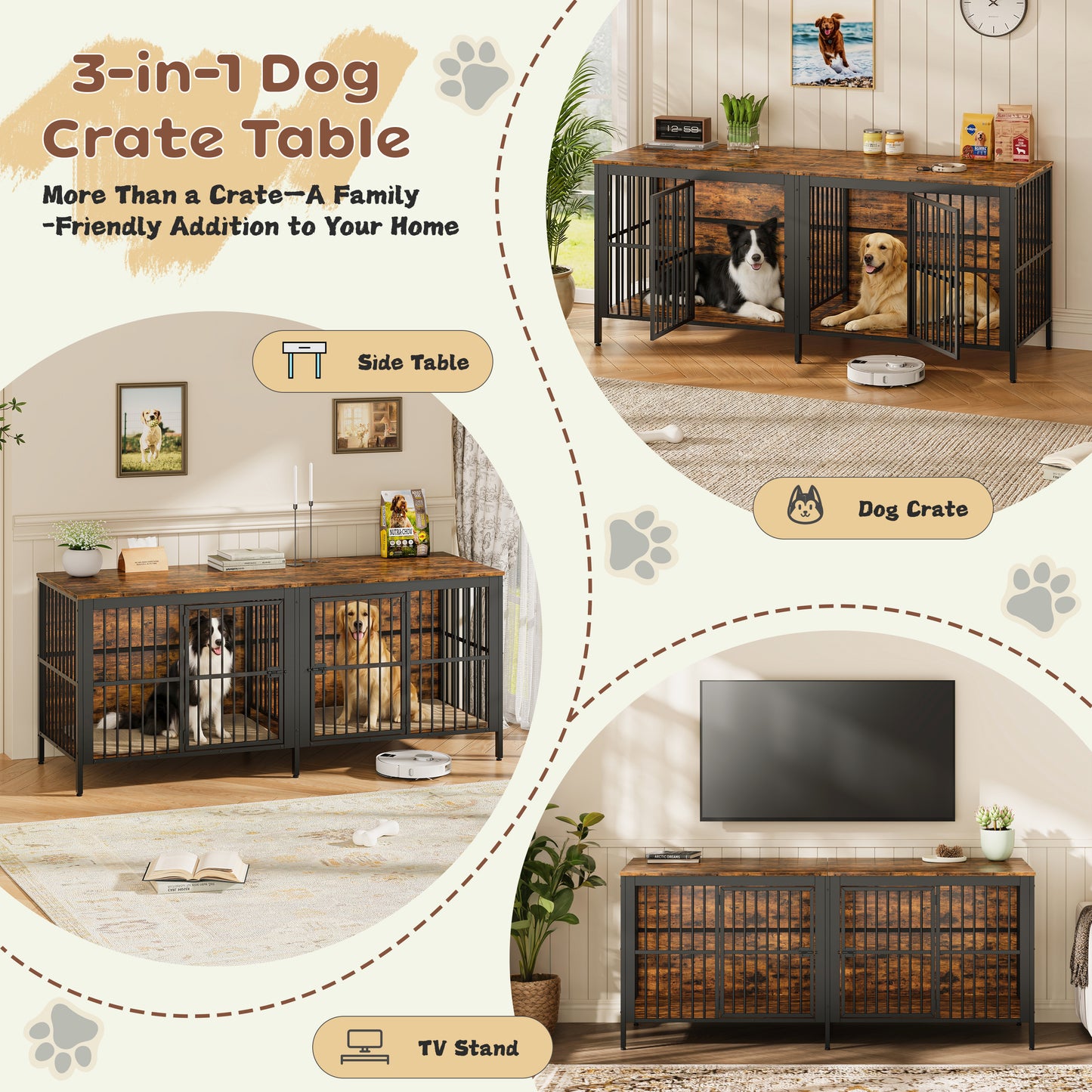 80  Dog Crate End Table, Heavy Duty 2-Door Indoor Pet Kennel, Multipurpose Dog House Furniture As TV Stand Or Side Table For Living Room, Large & Medium Dogs. Rustic Brown
